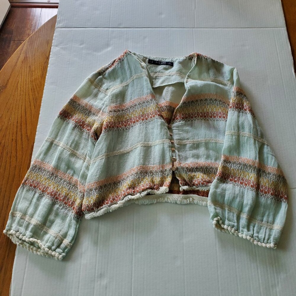 ZARA Cropped Linen Blend Cottage Core Farmhouse Cardigan Medium - Picture 3 of 16
